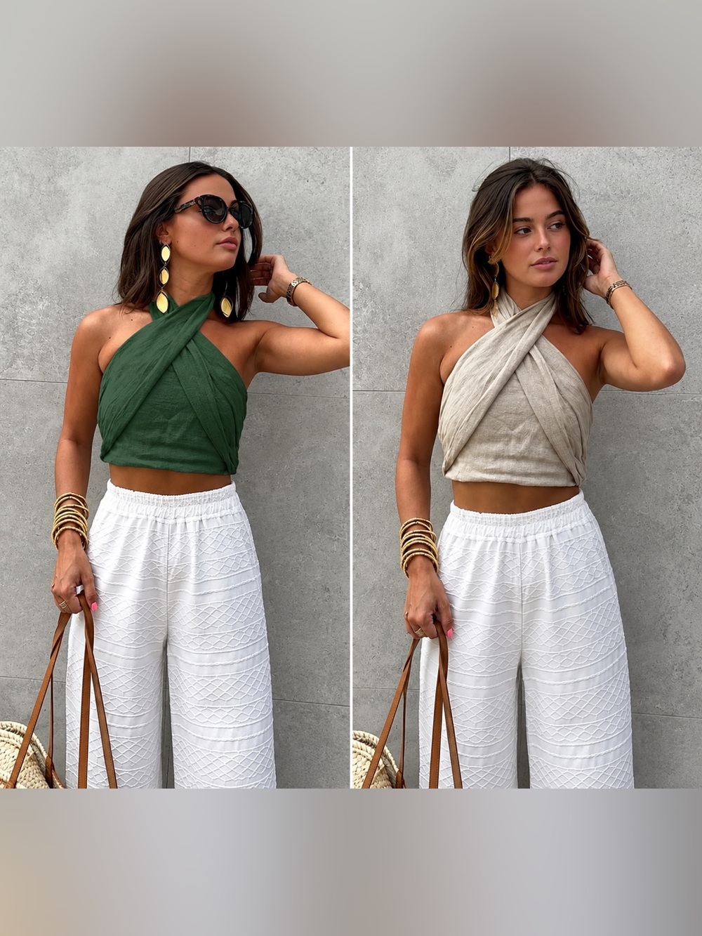 (2) Commense Cotton & Linen Crisscross Halter Fitted Tank Top- Bundle